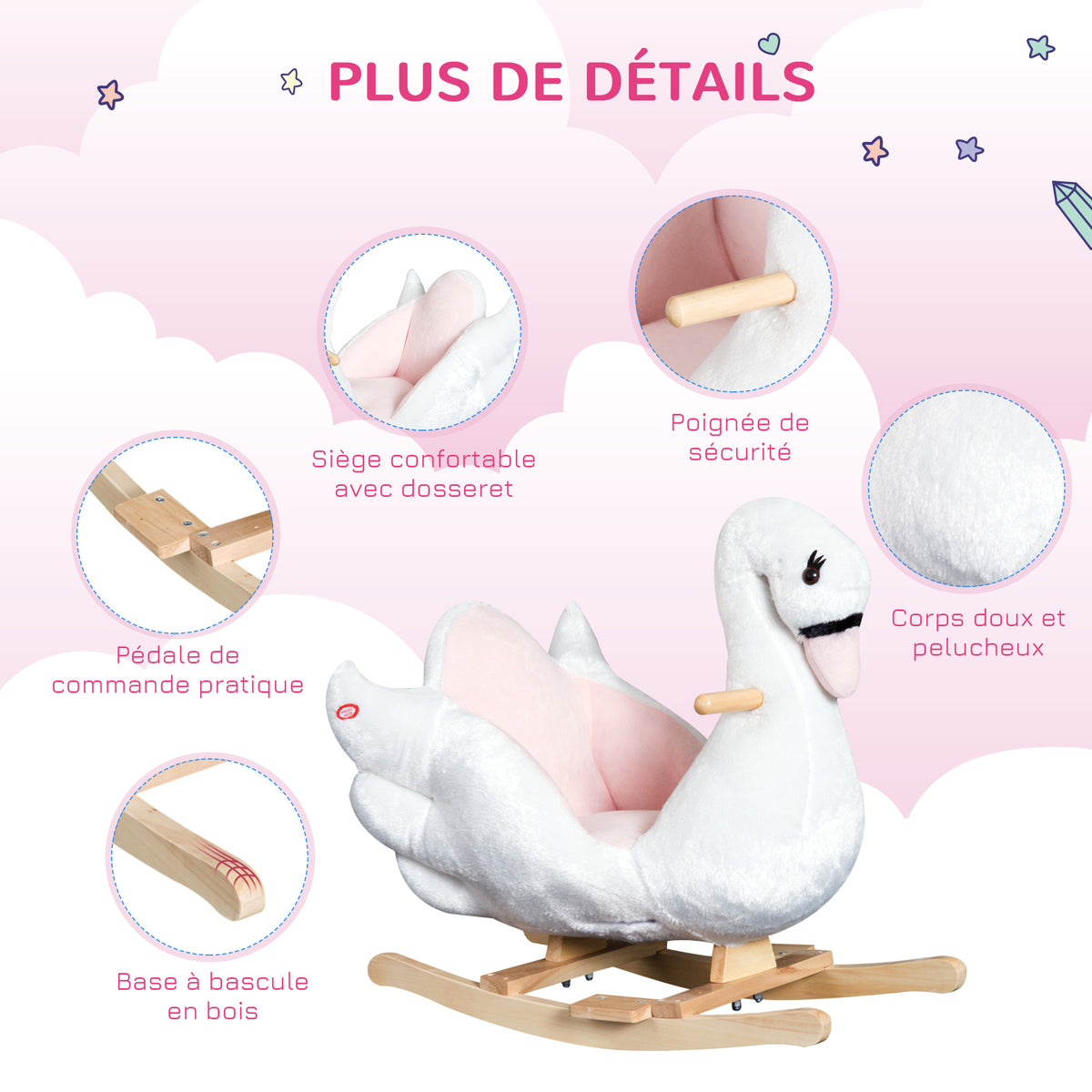 Jouet à bascule cygne à bascule pour enfant de 18 mois et plus fonction musique pieds en bois - blanc et rose