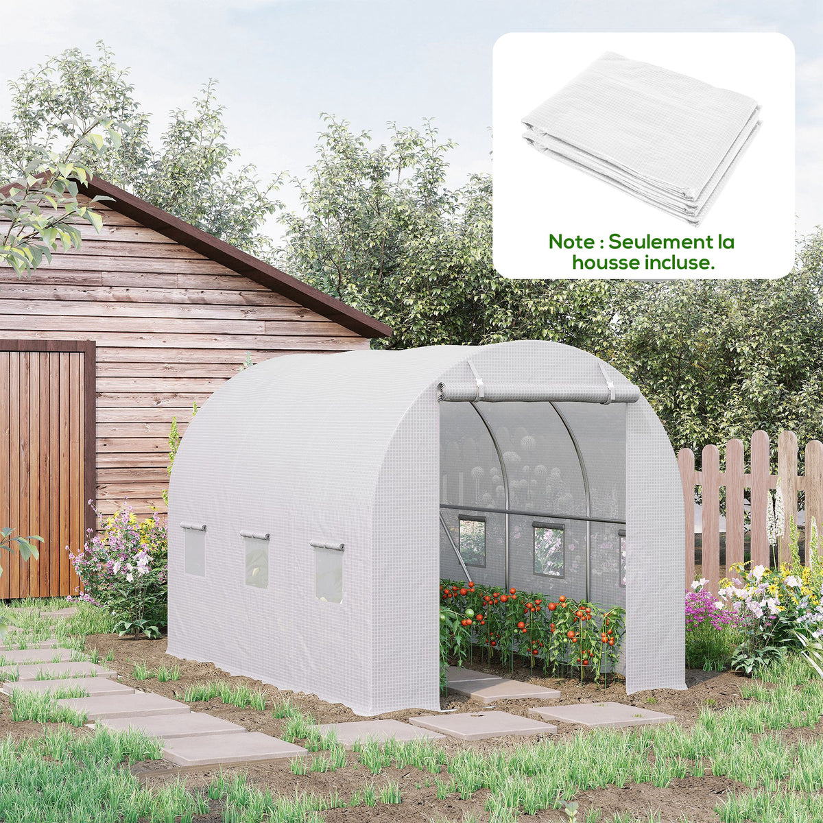 Bâche de Rechange Serre Tunnel 6 m², bâche PE Anti-UV imperméable 6 fenêtres + Porte Enroulable zippée Blanc