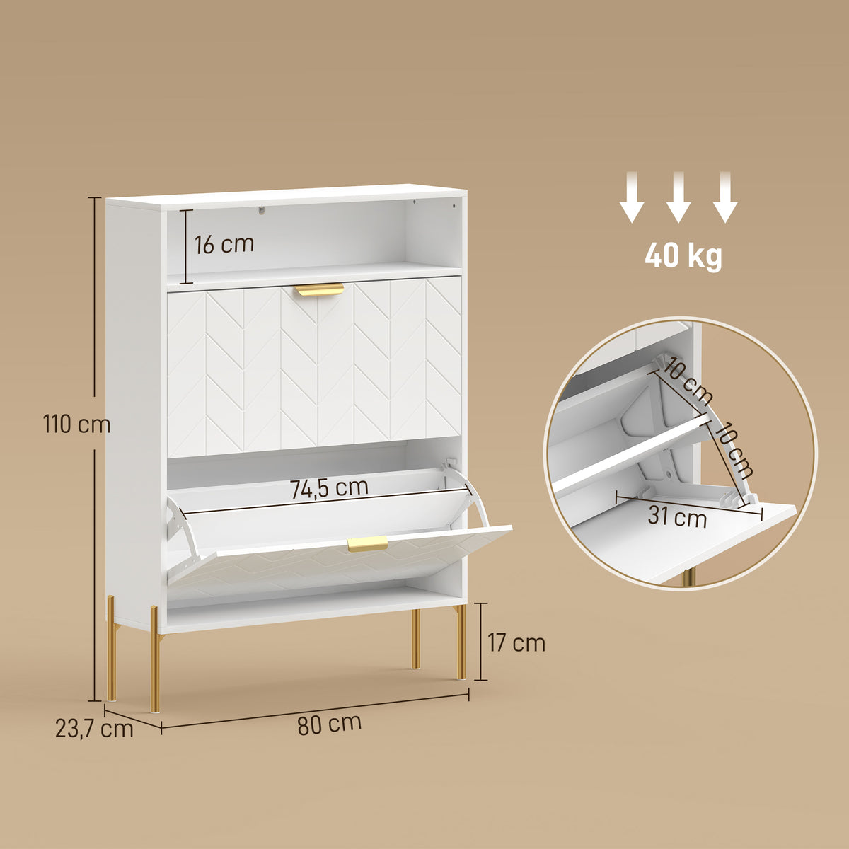 Meuble à chaussures 16 paires, armoire à chaussures étroite avec 2 tiroirs rabattables, compartiment ouvert, blanc