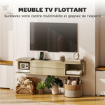 Meuble TV suspendu meuble télé pour téléviseur 50 pouces tiroir étagères passe-câbles 120x24x22,4cm effet bois naturel