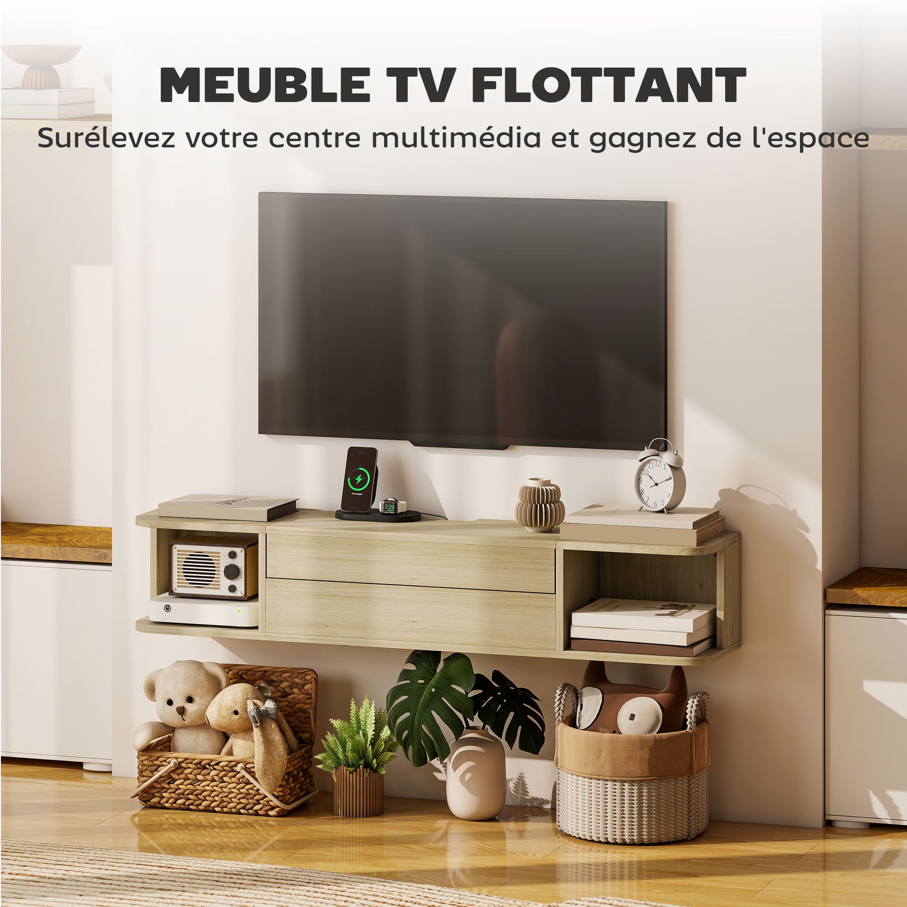 Meuble TV suspendu meuble télé pour téléviseur 50 pouces tiroir étagères passe-câbles 120x24x22,4cm effet bois naturel