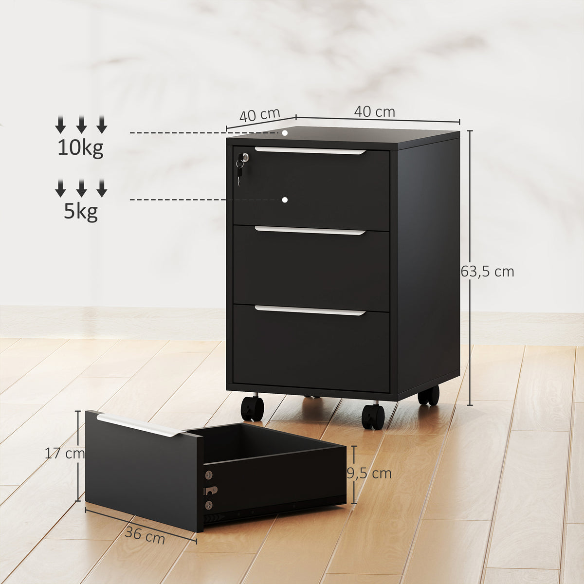 Caisson de bureau à roulettes avec 3 tiroirs et serrure, meuble rangement bureau sur roulettes, 40 x 40 x 63,5 cm, noir