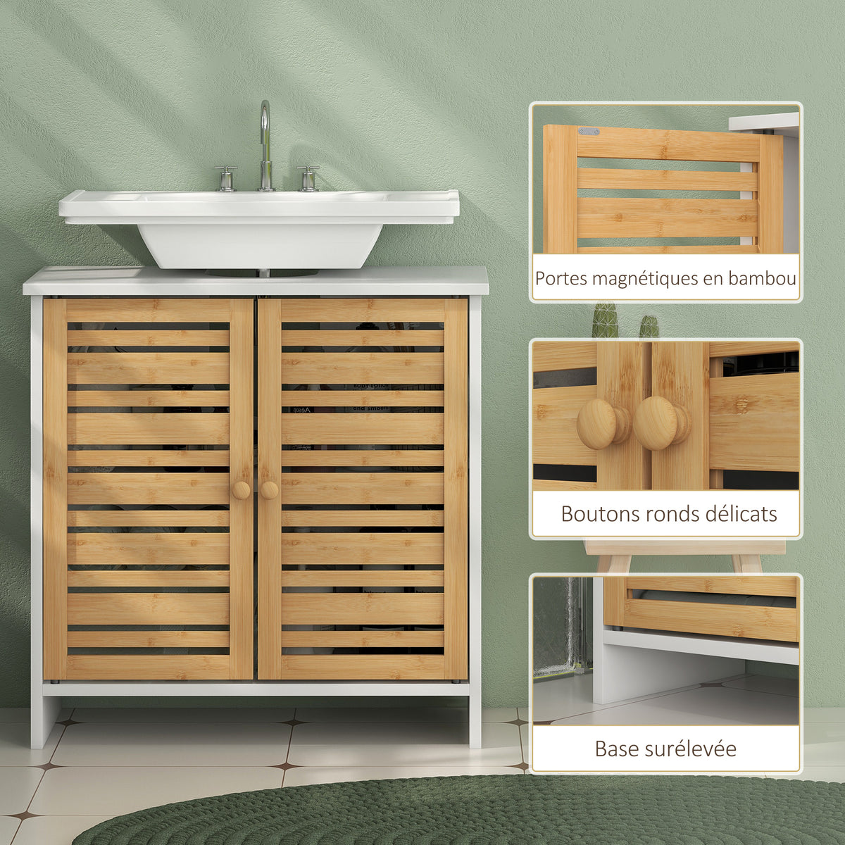 Meuble sous vasque de salle de bain 2 portes étagère réglable armoire de rangement pour lavabo 60x30x60 cm bambou blanc