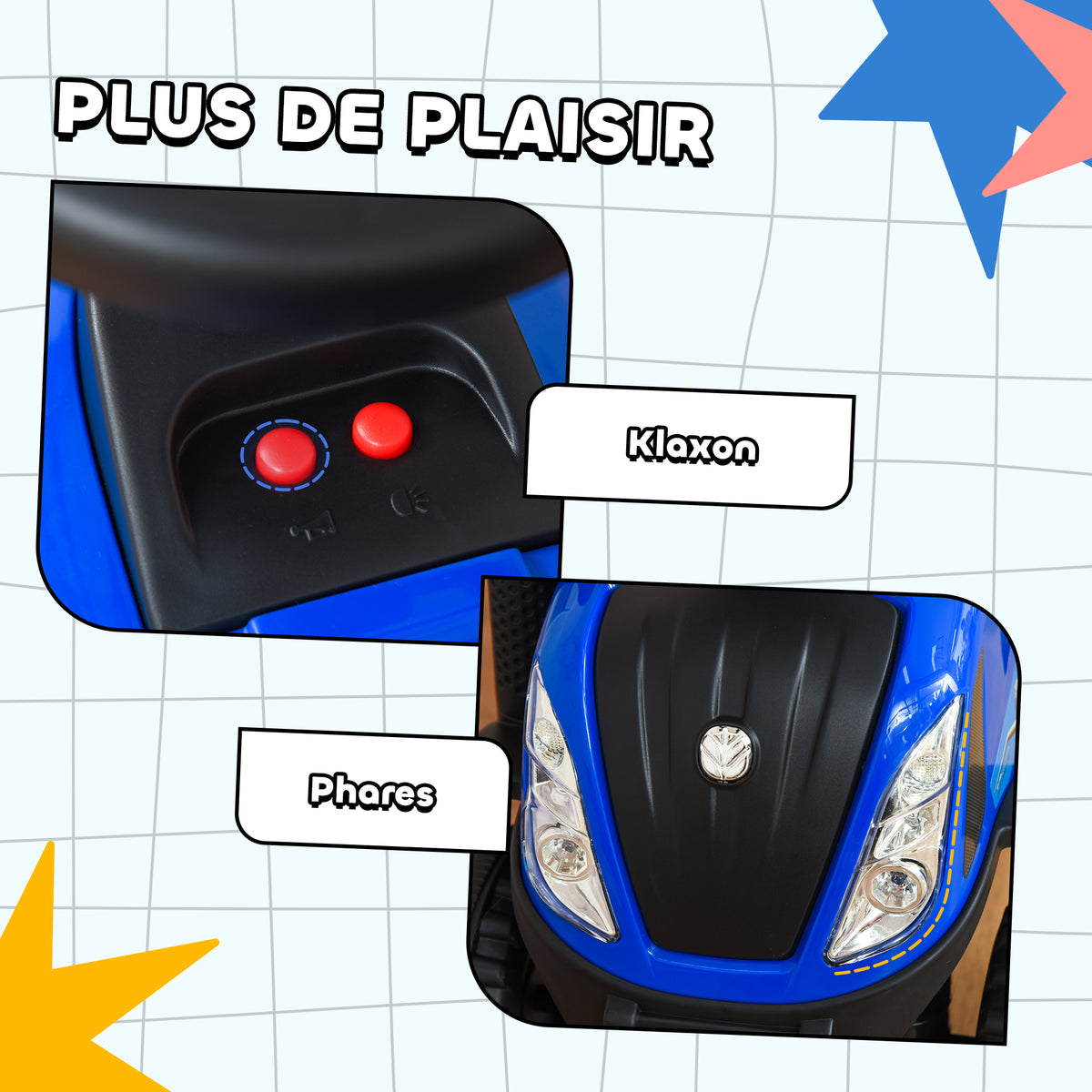 Porteur tracteur enfants avec coffre amovible, râteau et pelle, voiture enfants avec lumière LED et klaxon, bleu
