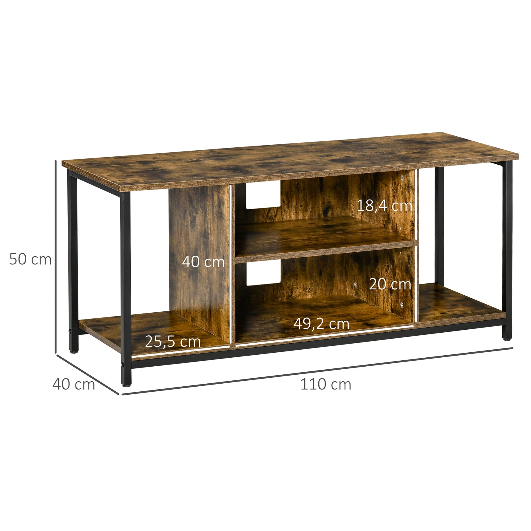 Meuble TV, meuble télé avec compartiments ouverts, étagère réglable, 110x40x50cm, brun rustique