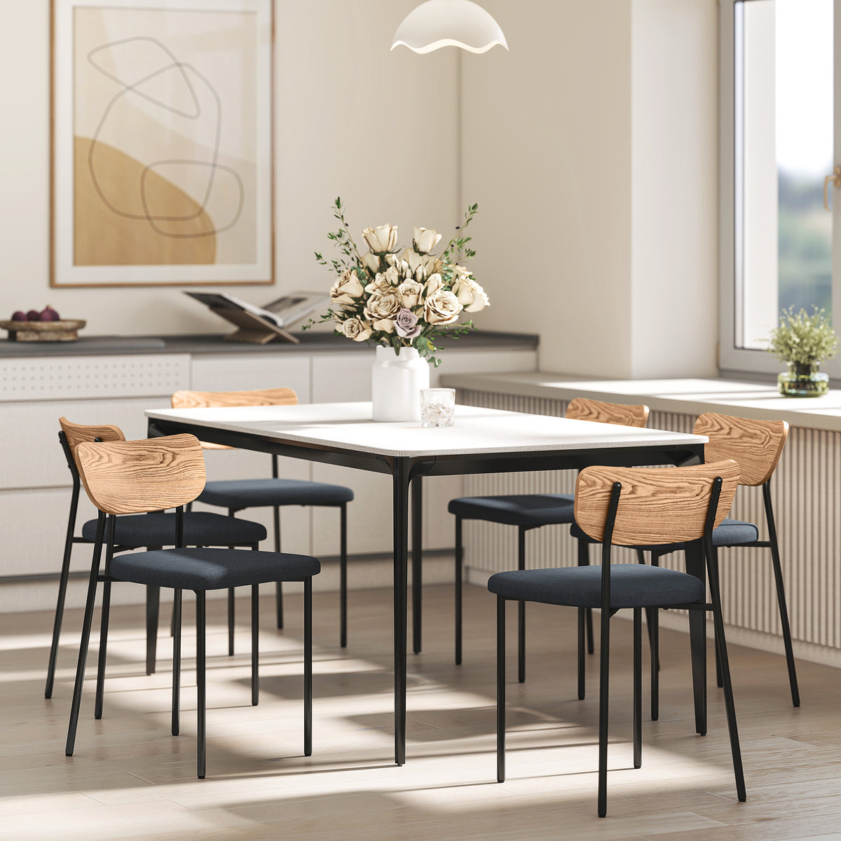 Set de 2 sillas de comedor con patas de acero, respaldo curvado y asiento acolchado, gris y efecto madera natural