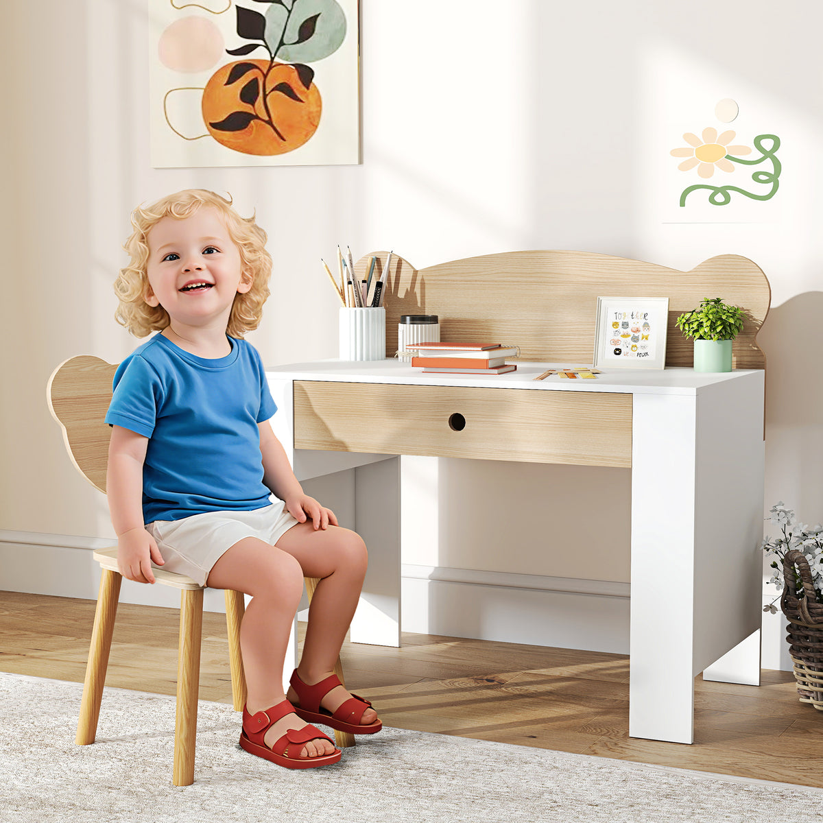 Bureau enfant avec chaise, table enfant et chaise avec tiroir et large plateau, 80 x 41 x 74,5 cm, bois naturel