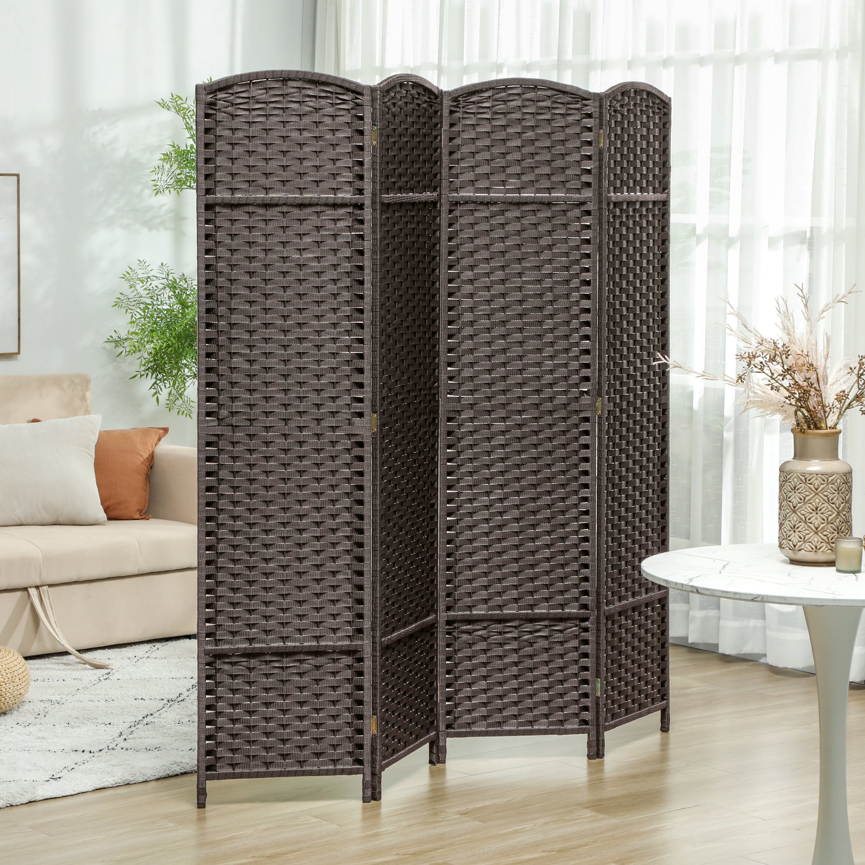 Paravent interieur en bois 4 panneaux 160 x 170 cm séparateur de pièce pliable pour salon, chambre à coucher, marron