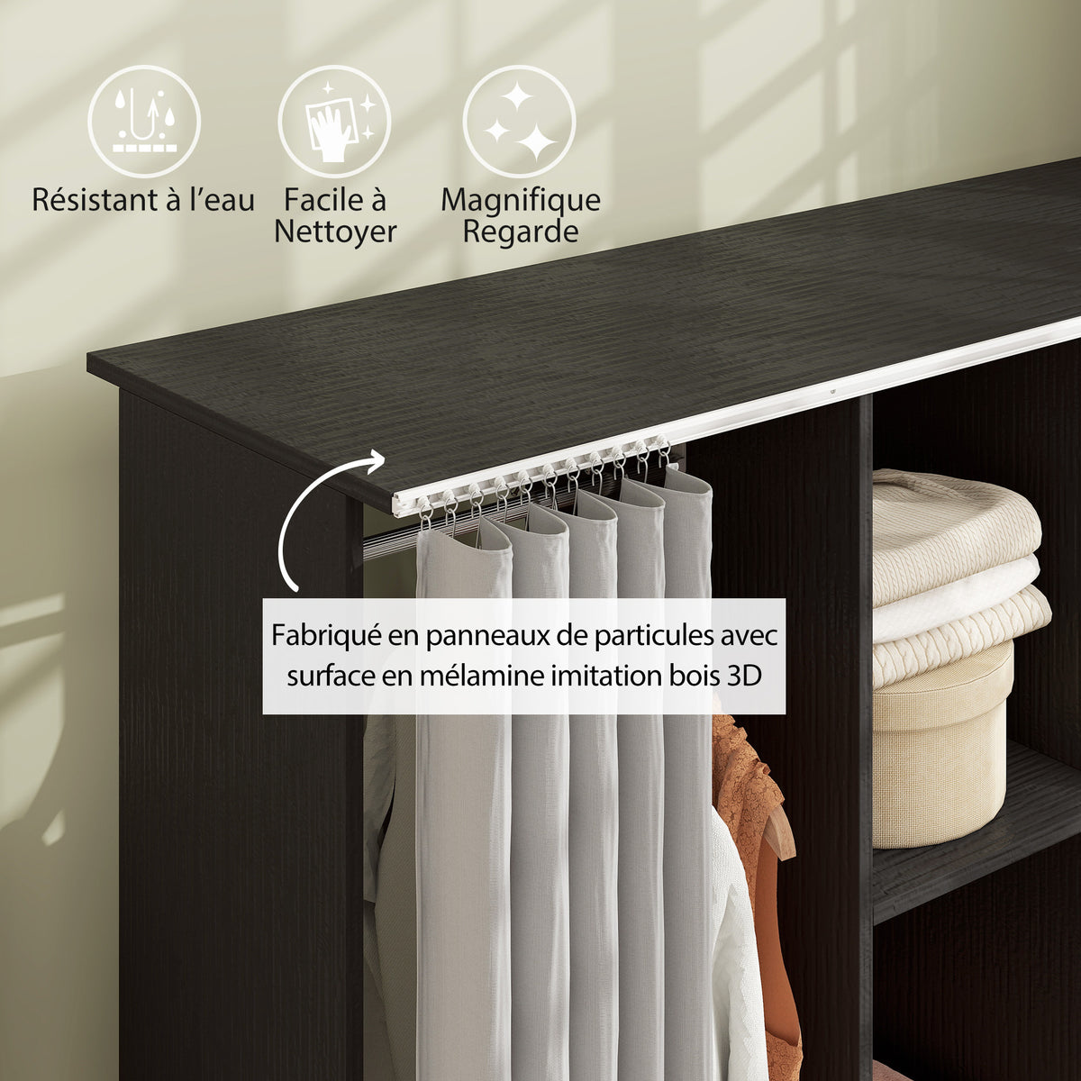 Armoire penderie Meuble de Rangement Mobile 6 roulettes 120L x 40l x 128H cm en bois Noir