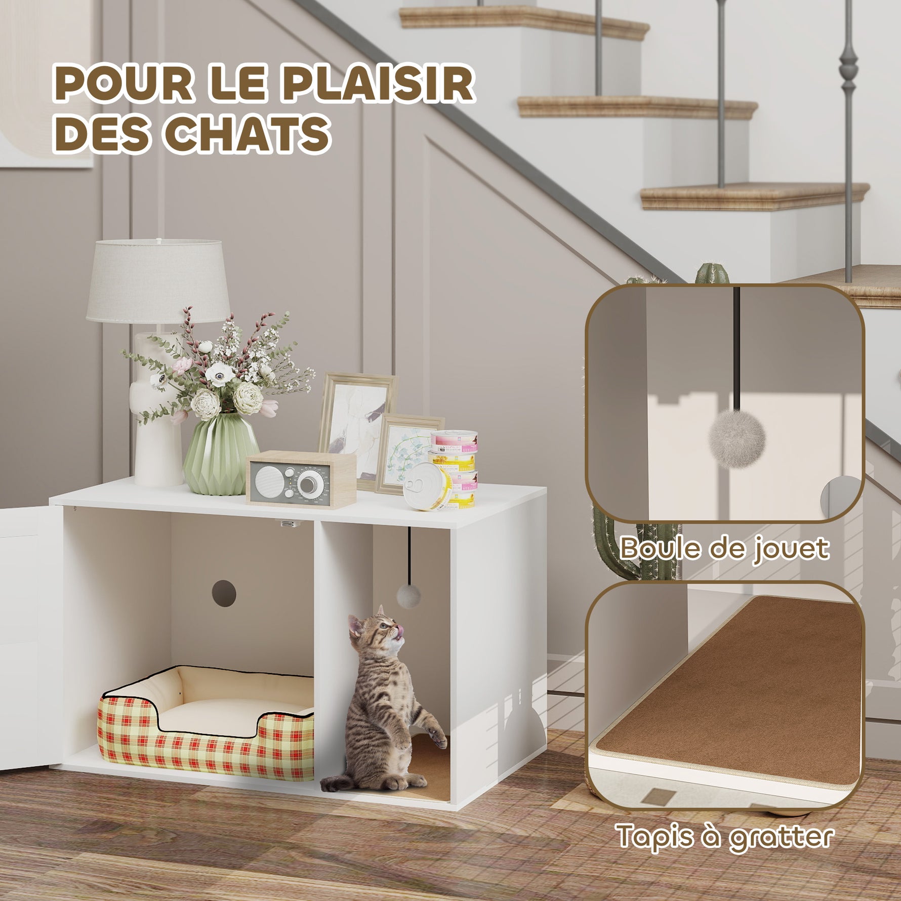 Maison de toilette chat meuble litière pour chat tapis griffoir porte avec poignées style bohème 80 x 50 x 50 cm blanc