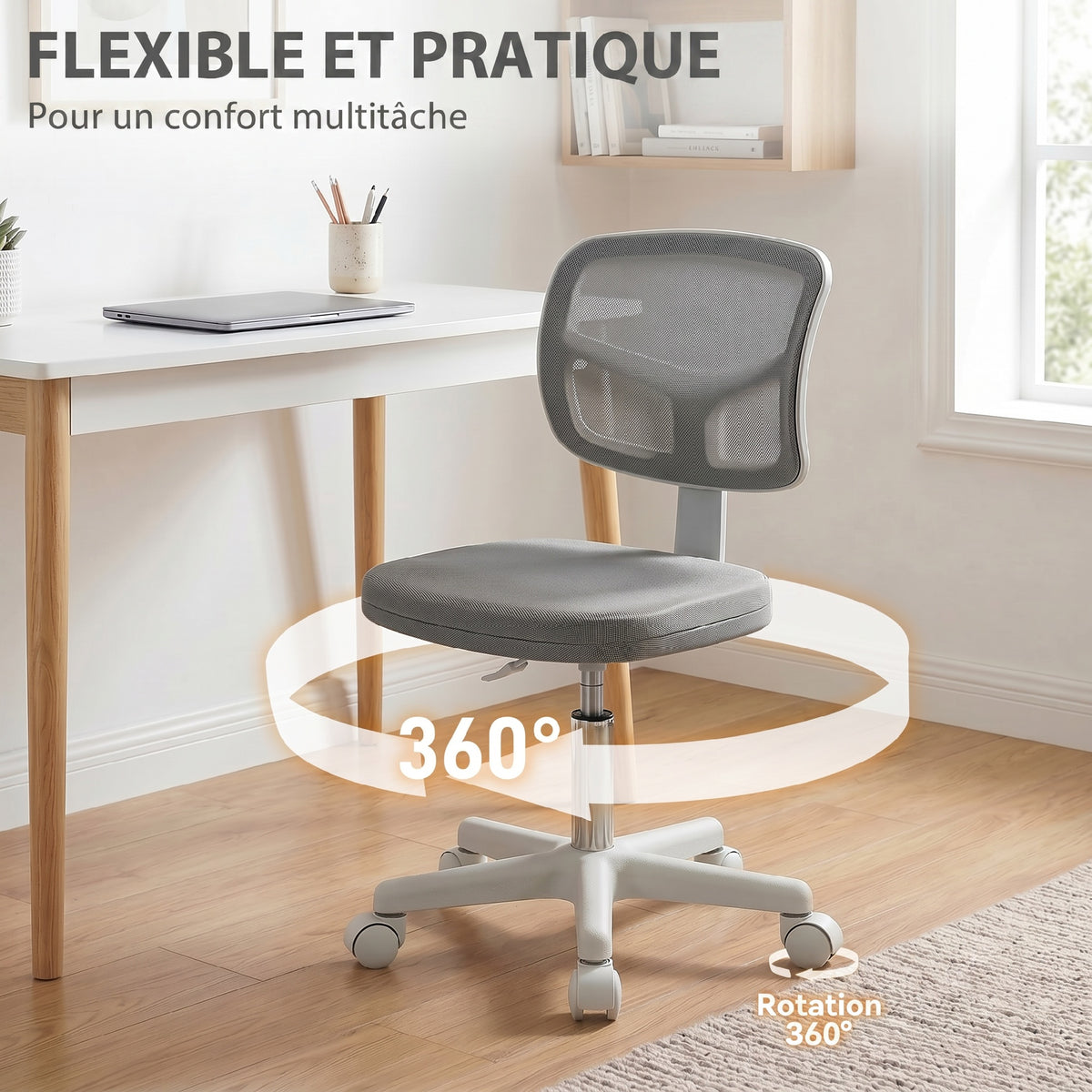 Chaise de Bureau Ergonomique Sans Accoudoirs, Fauteuil de Bureau Pivotant, Dossier Courbé en Maille et Roulettes, Gris