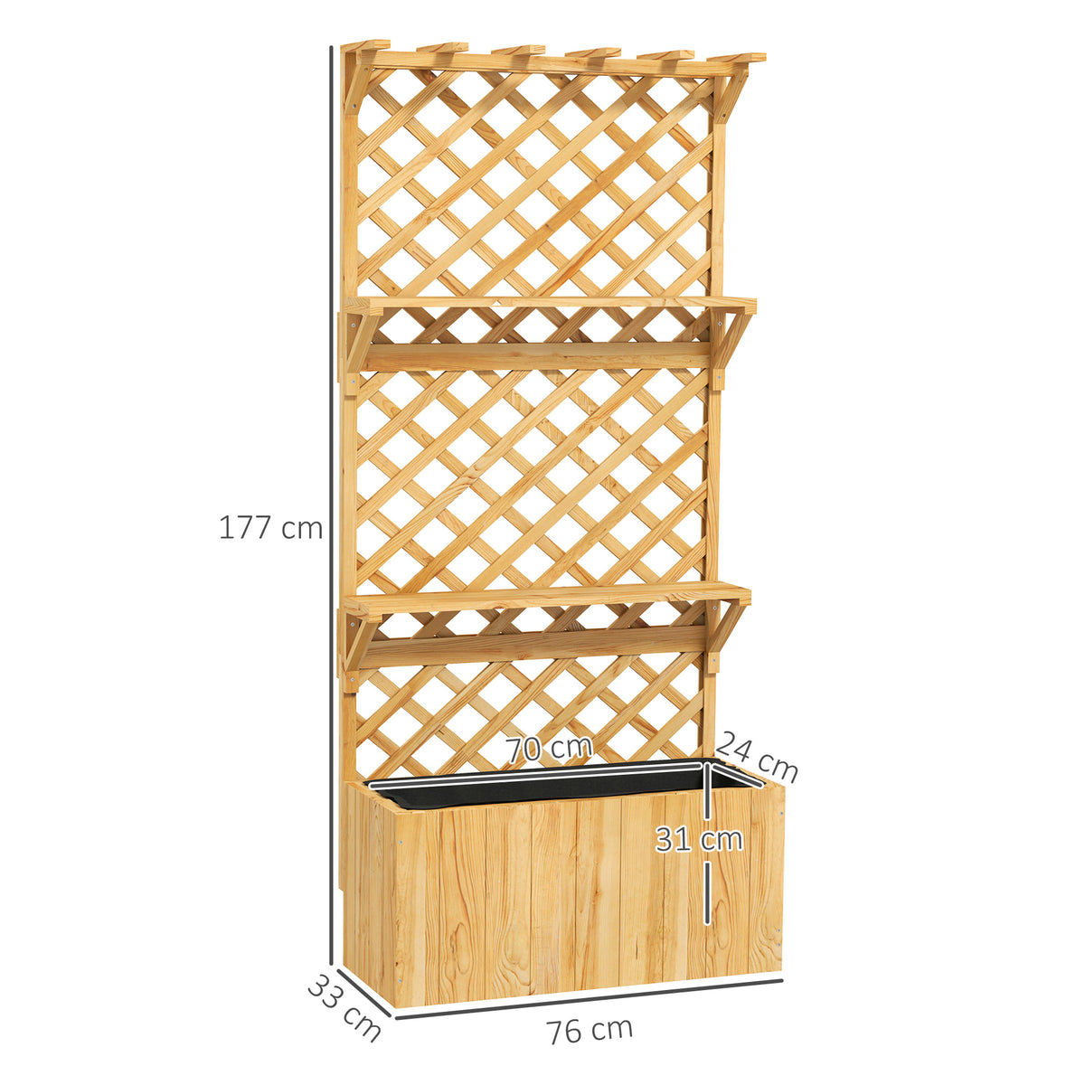 Jardinière avec treillis lit surélevé de jardin en bois avec toit suspendu, trous de drainage et doublure, naturel