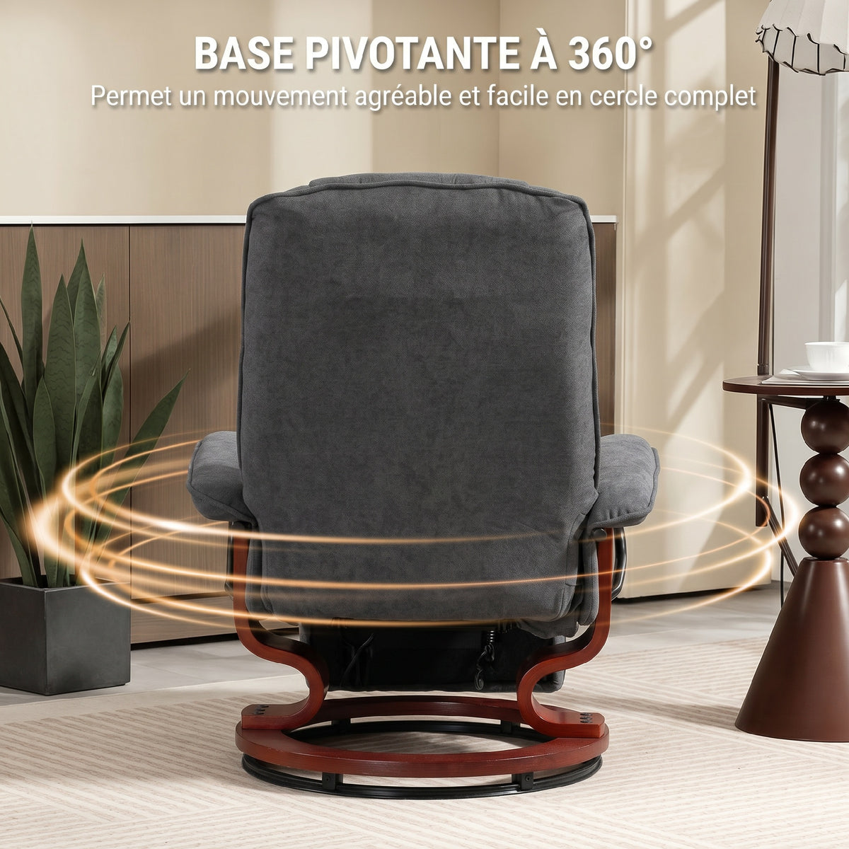 Fauteuil relax inclinable repose-pieds réglable pivotant 360° piètement bois tissu aspect lin gris