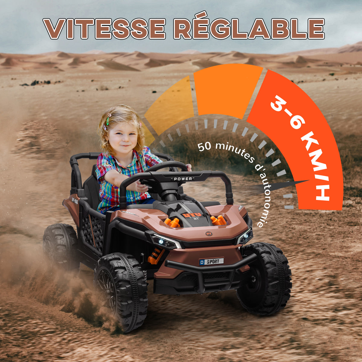 Voiture électrique enfant UTV buggy électrique enfant avec télécommande 2.4Ghz 2 moteurs 103L x 69l x 59H cm marron