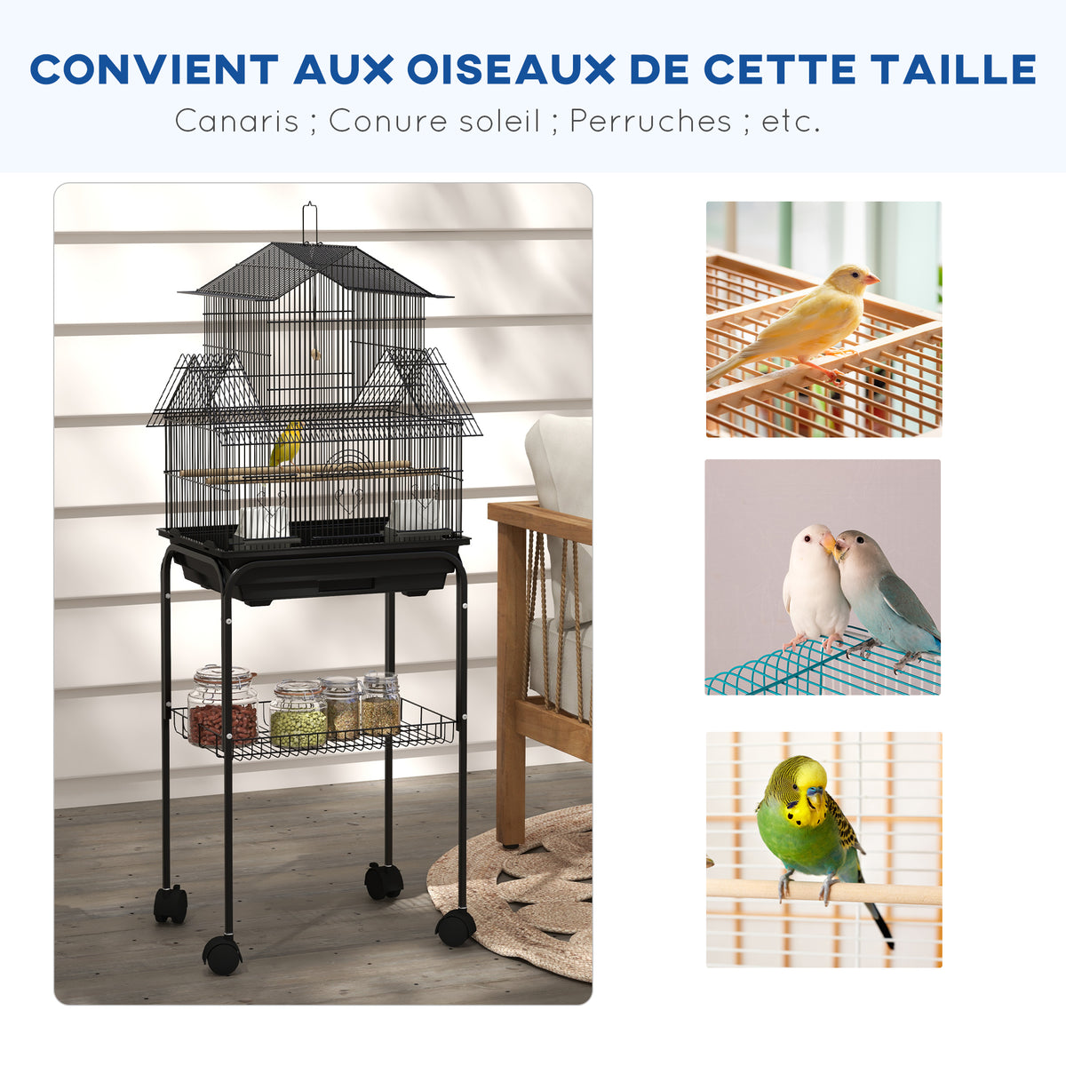 Cage à oiseaux design maison mangeoires perchoirs 3 portes plateau excrément amovible + poignée transport noir