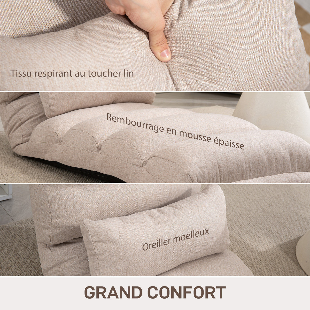 Chauffeuse 1 place fauteuil convertible avec dossier et appui-tête réglables sur 5 positions, 58x119x78cm, beige