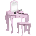 Coiffeuse pour enfant avec tabouret et miroir, table de maquillage avec tiroir et 2 compartiments, 55x36x86cm, rose