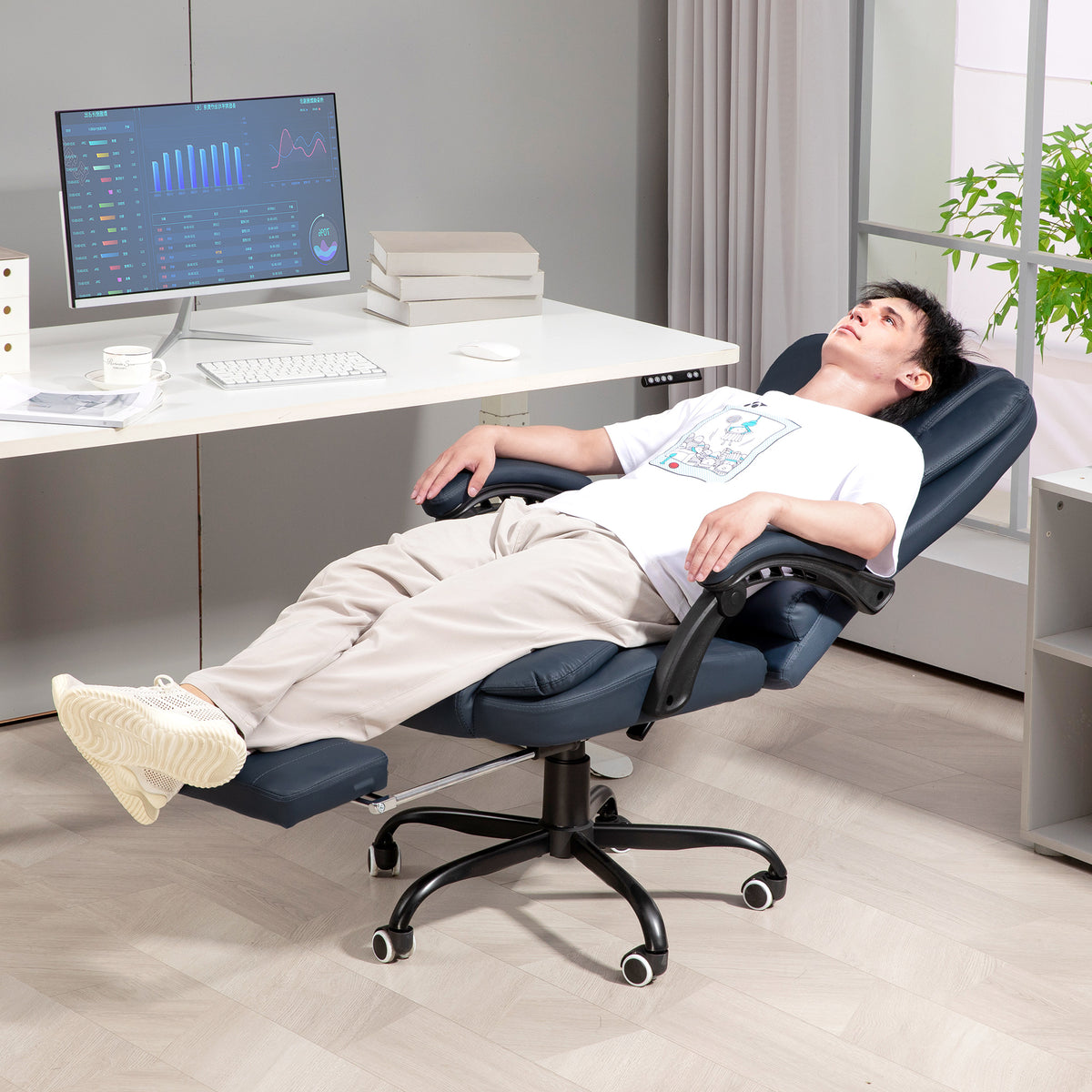 Fauteuil de bureau massant, chaise de bureau avec hauteur réglable, dossier inclinable et télécommande filaire, bleu