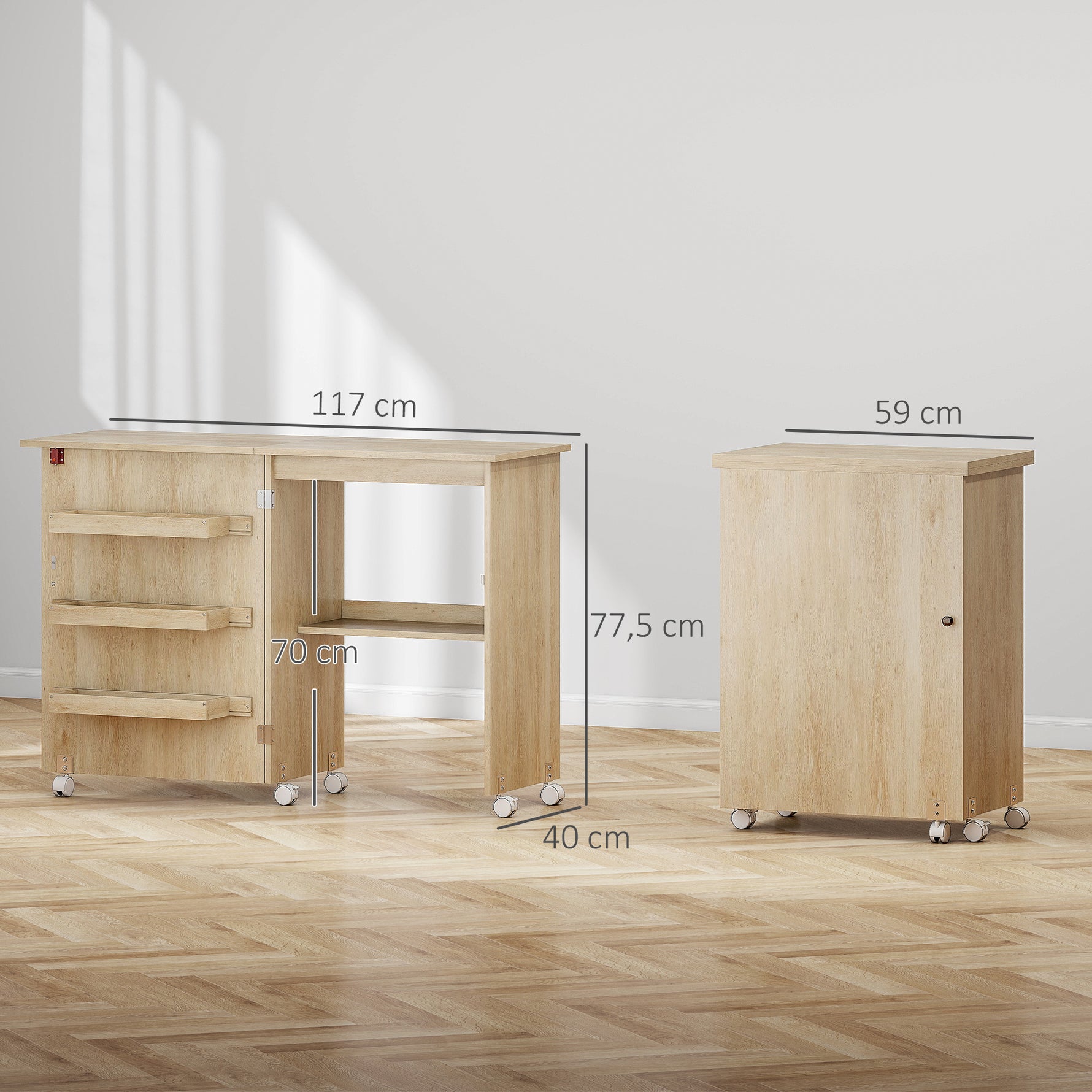 Table de couture pliante meuble couture à abattant avec bacs de rangement, étagère ouverte et roulettes, bois naturel