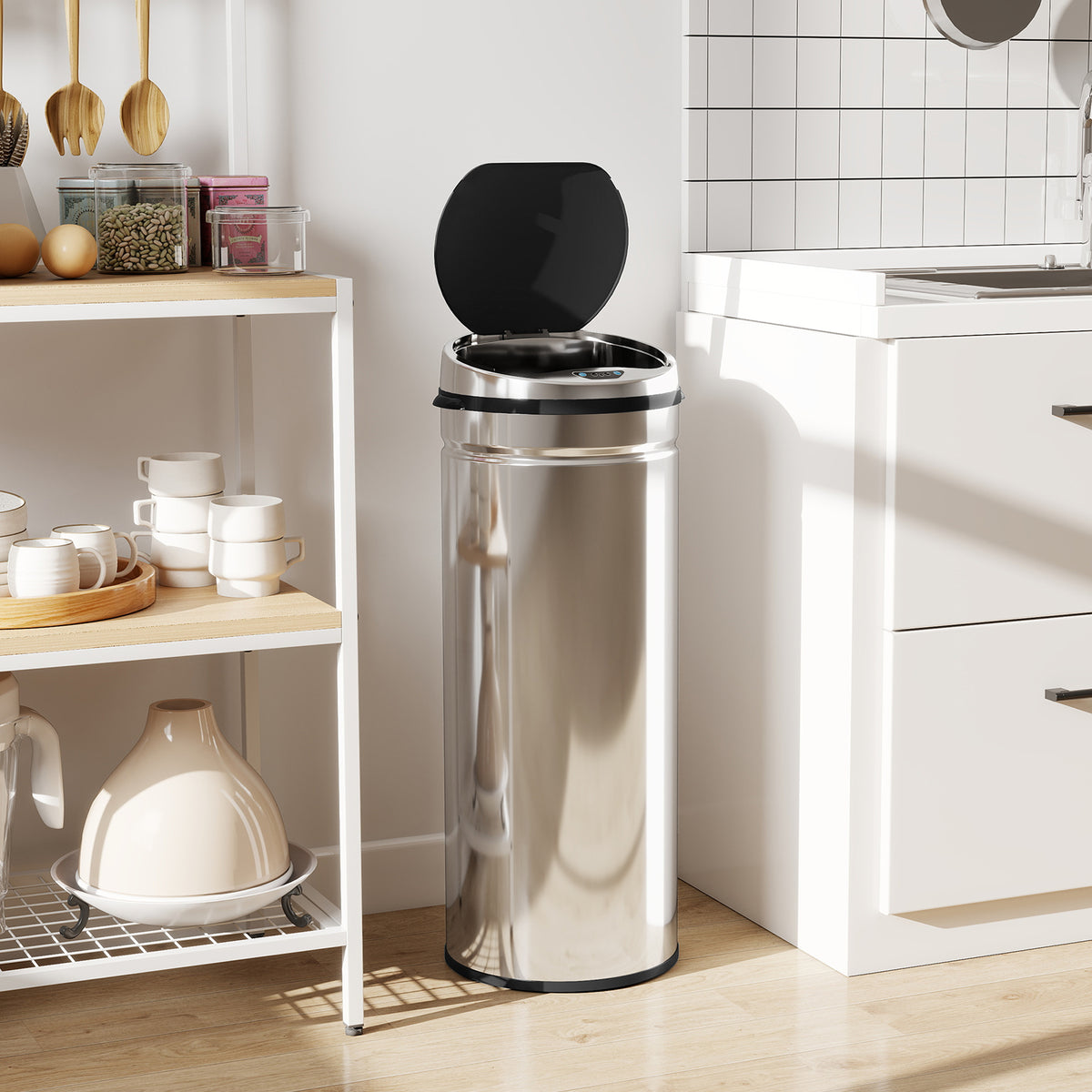 Poubelle à capteur de mouvement ouverture automatique 50 L en acier inoxydable noir et argent