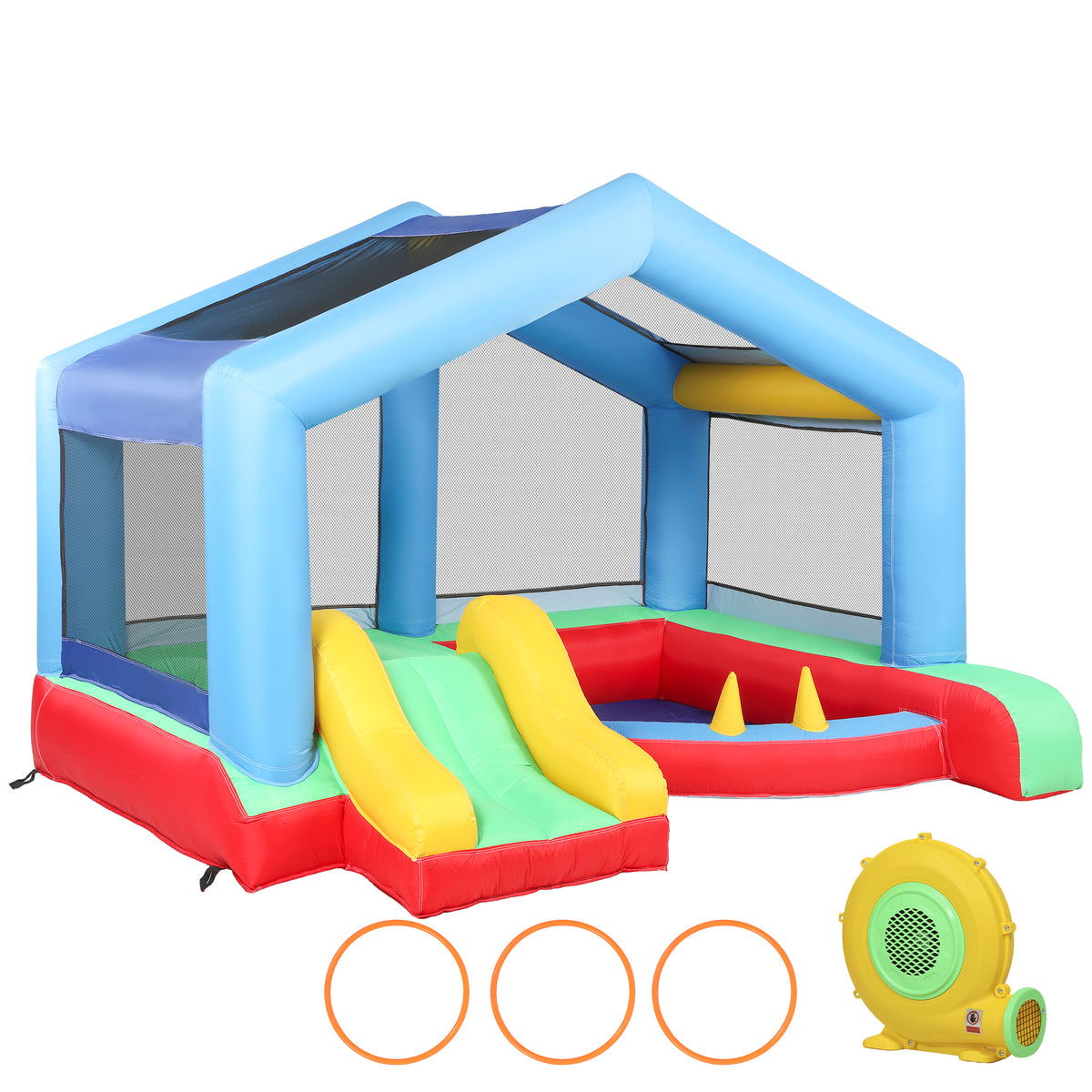 Château gonflable 4 en 1, aire de jeux avec souffleur, toboggan, piscine à balles, jeu de lancer d'anneaux, multicolore