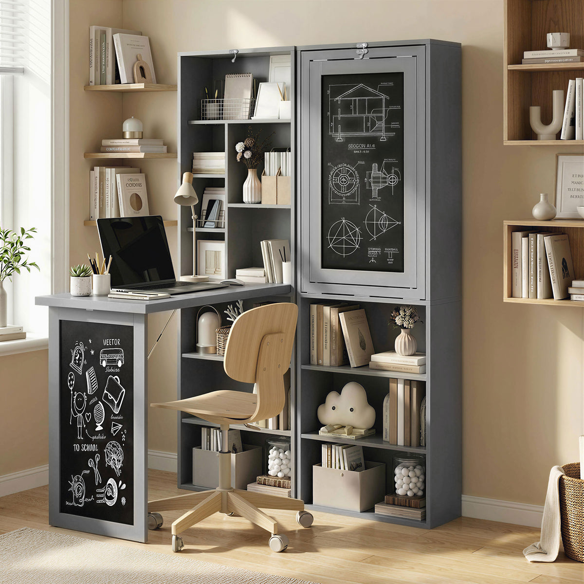 Bureau avec rangement pliable murale rabattable avec bibliothèque poste de travail tableau à craie et étagère réglable