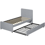 Lit gigogne 90 x 190 cm, cadre de lit simple/double avec sommier à lattes en bois, tête et pied rembourrés, gris clair