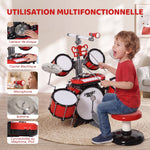 Kinderschlagzeug-Set mit Hocker, elektronischem Keyboard, Mikrofon, USB-Anschluss, 77,5x40x76,5 cm, Rot
