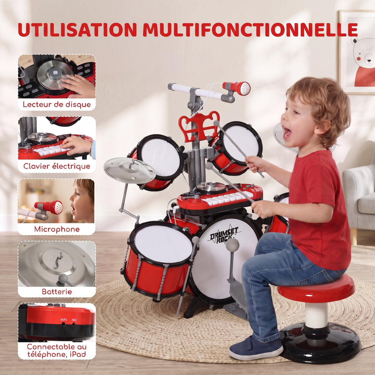 Kinderschlagzeug-Set mit Hocker, elektronischem Keyboard, Mikrofon, USB-Anschluss, 77,5x40x76,5 cm, Rot