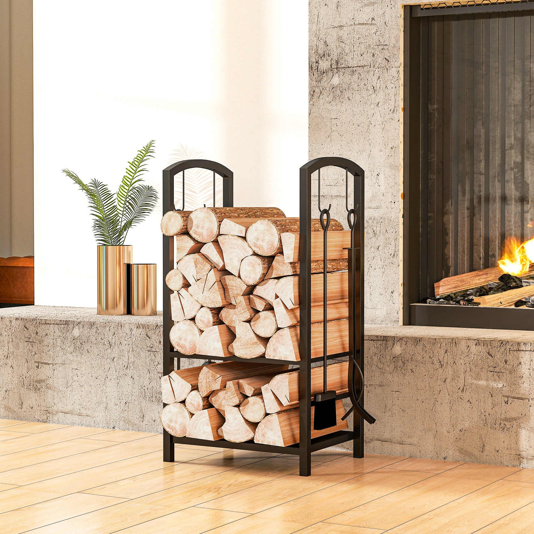 Porte bûches - Range bûches Serviteur de cheminée - Multi Accessoires 2 étagères 40L x 30l x 75H cm métal Noir