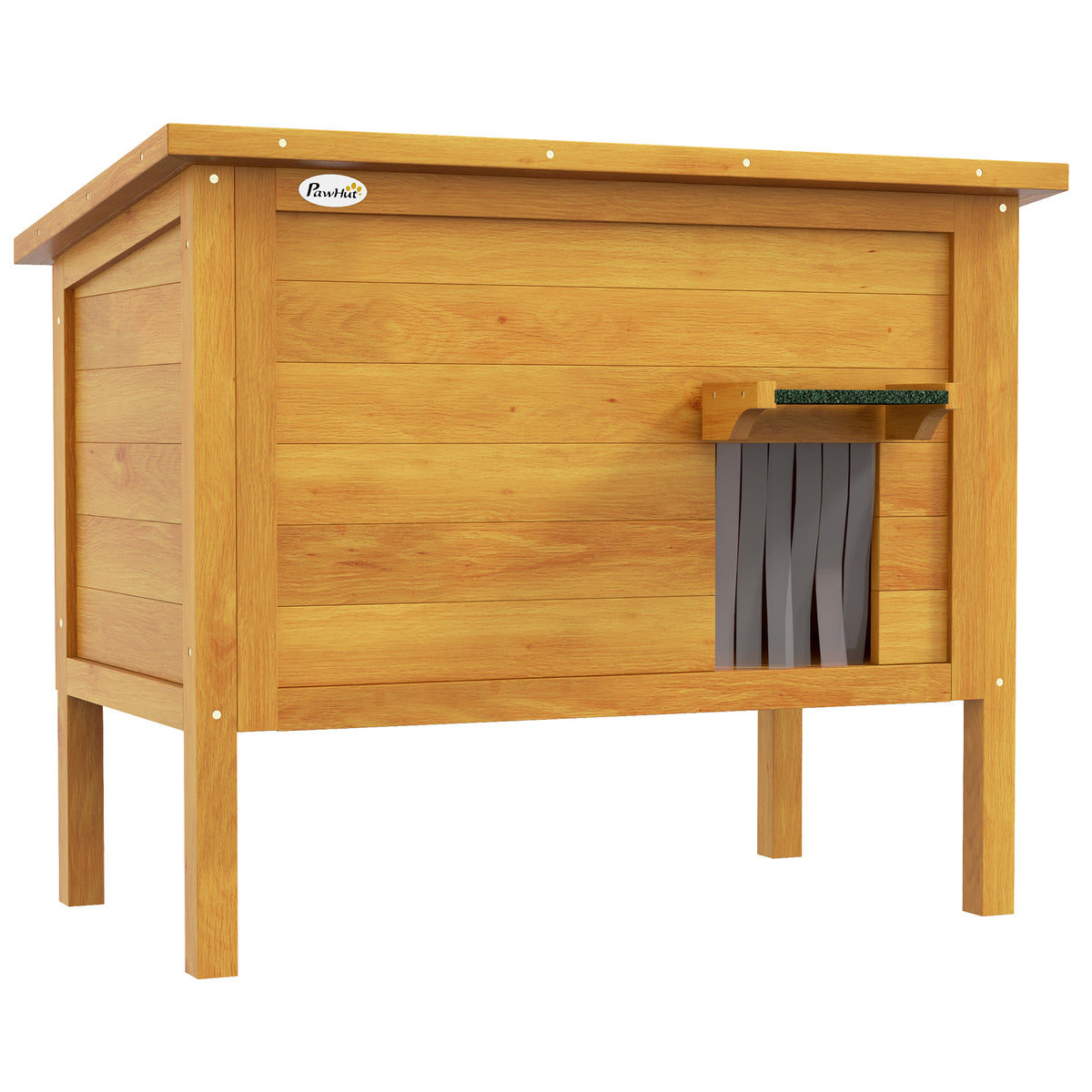 Verhoogd houten buitenkattenhuis met openslaand dak, geïsoleerd, 85 x 50 x 68,5 cm, naturel groen
