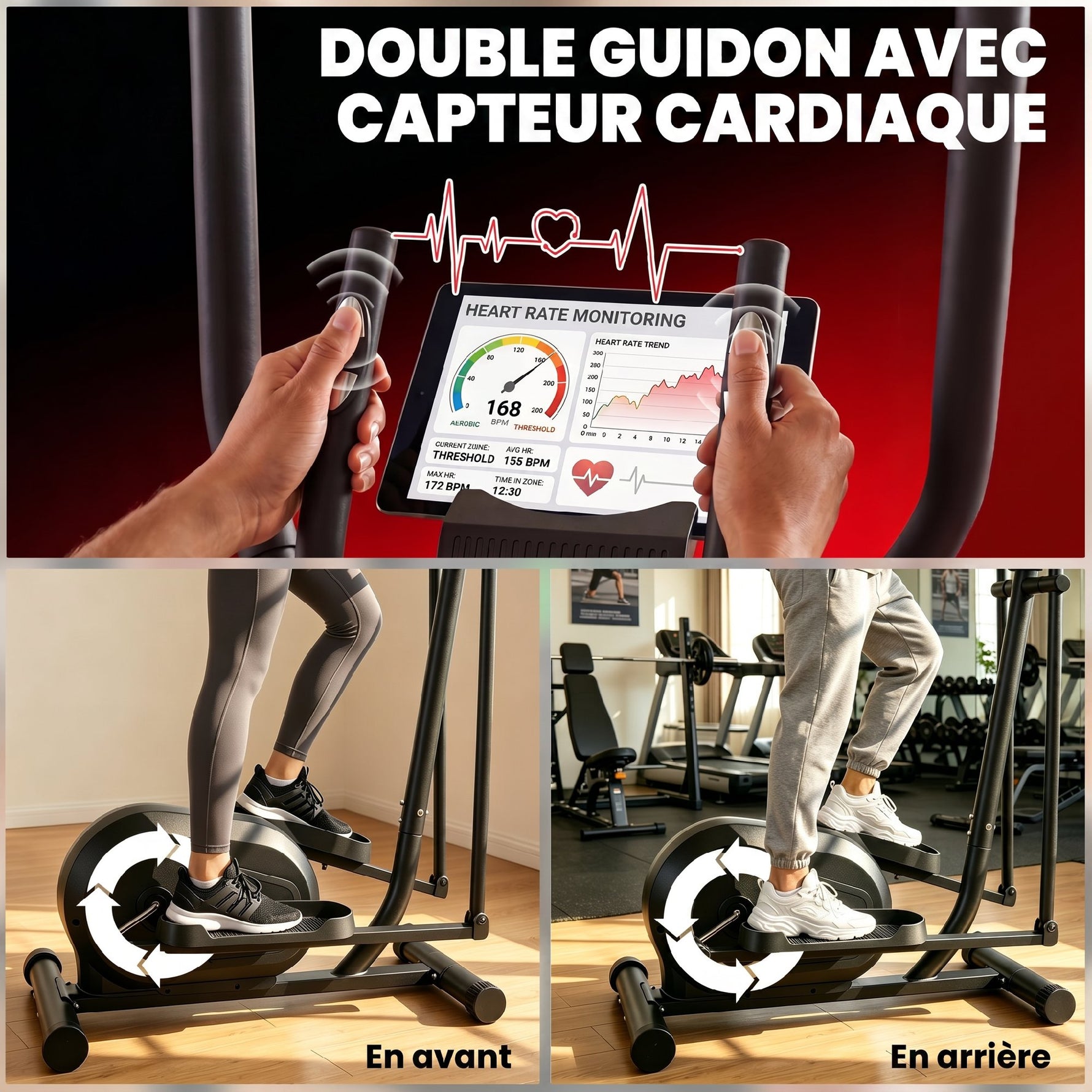 Vélo Elliptique, Écran LCD, Résistance 8 Niveaux, Capteur Pouls, Bluetooth, Support pour Téléphone, 100x52x153cm, Gris