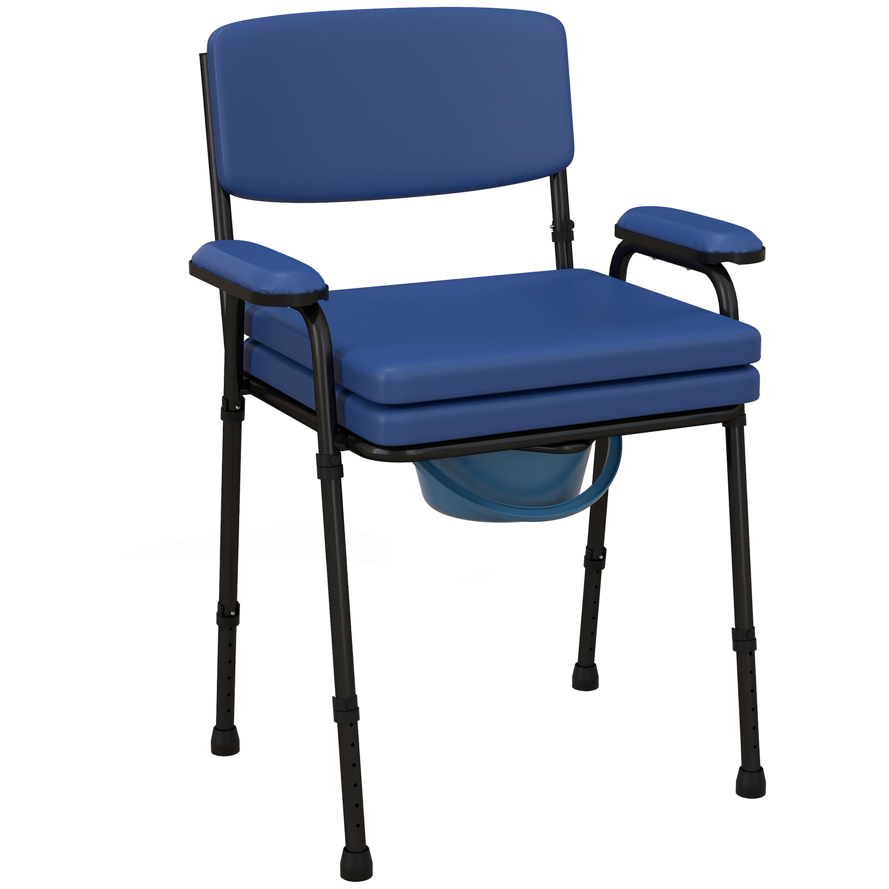 Chaise percée toilette multifonctions seau amovible hauteur réglable avec dossier siège et accoudoirs rembourrés bleu
