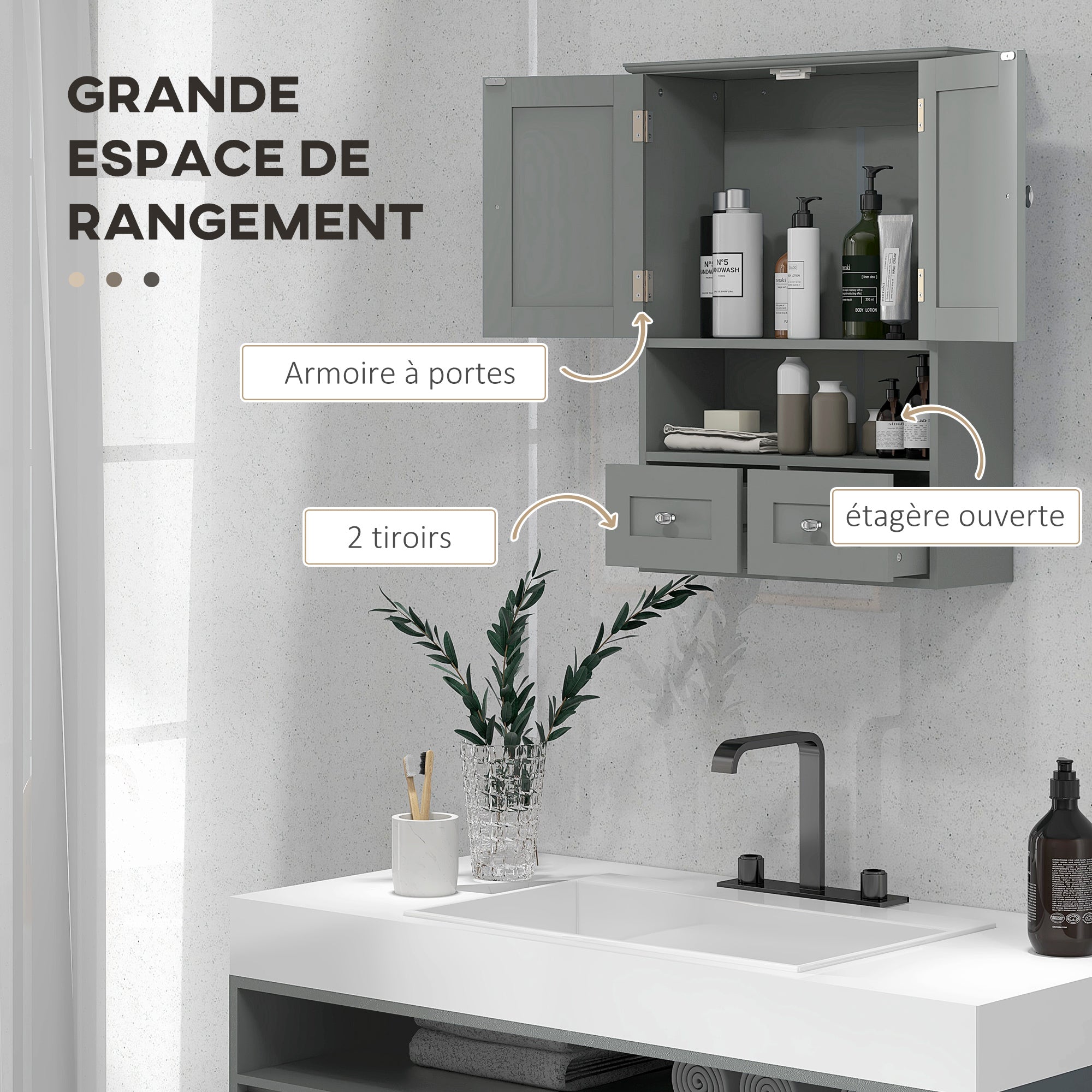 Armadietto da bagno a parete, pensile bagno, con ante, ripiano, 2 cassetti, 50,8L x 17,8P x 66A cm, grigio