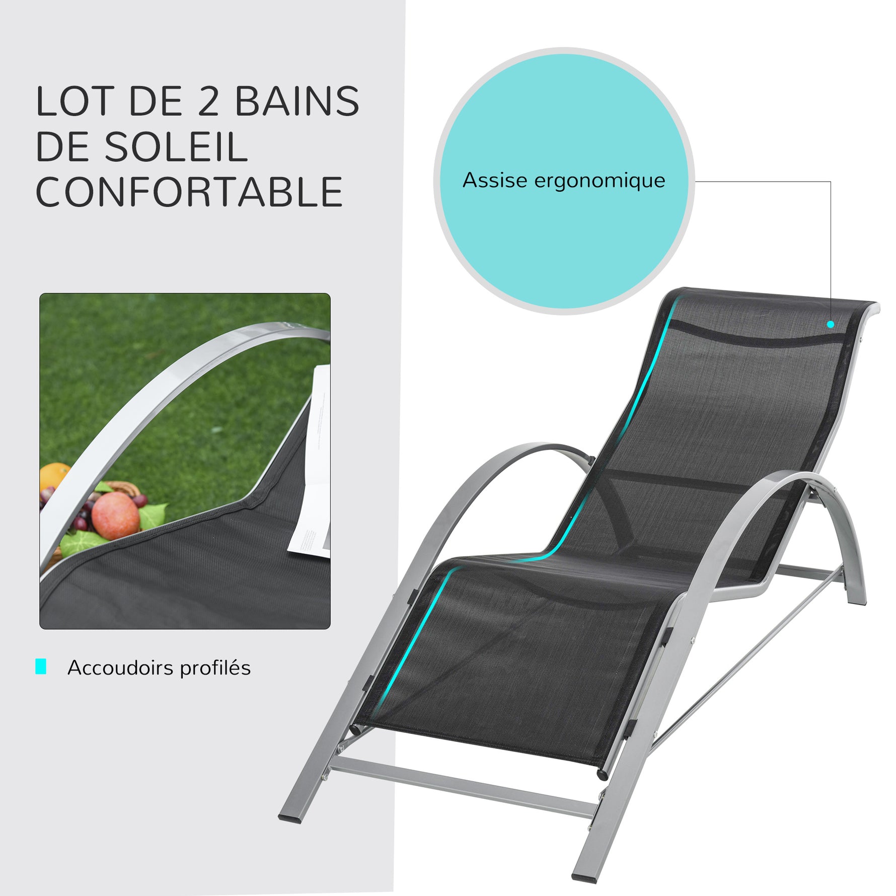 Lot de 2 bains de soleil design contemporain table basse plateau verre trempé métal époxy textilène gris foncé