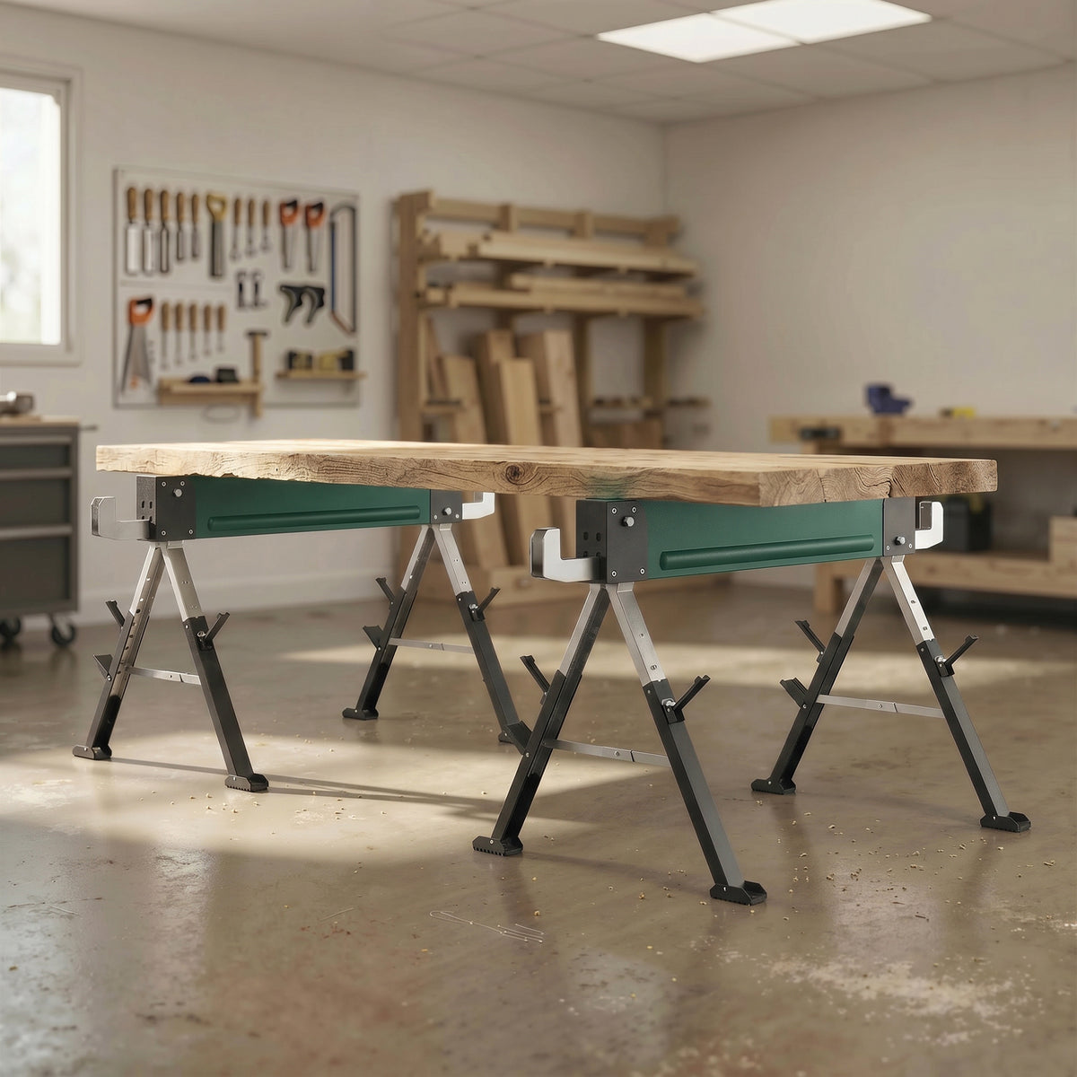 lot de 2 tréteaux pliables en métal, charge max 1160 kg, hauteur réglable 64-81cm, poignée de transport, vert