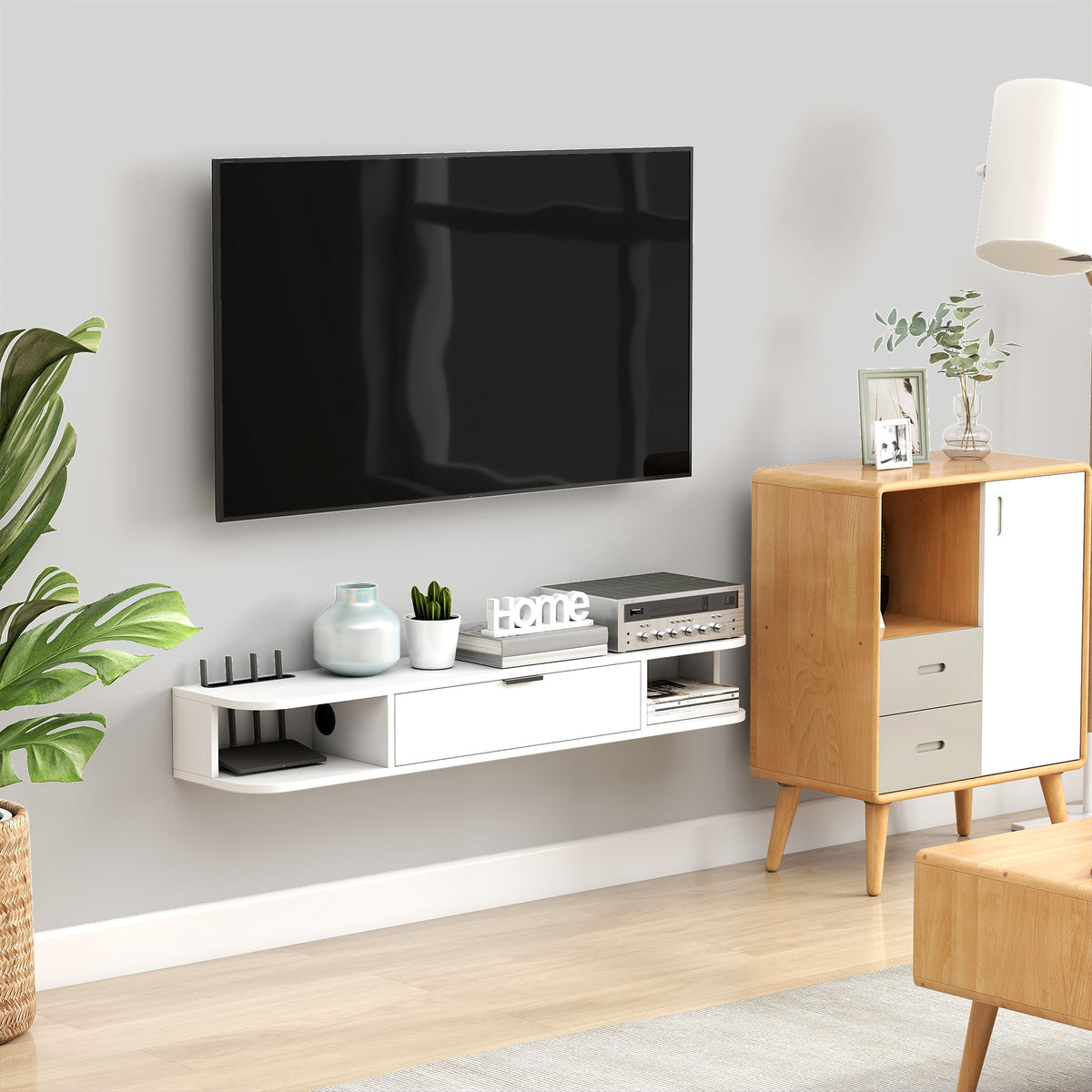 Hängendes TV-Board, Fernsehschrank für Fernseher bis 50 Zoll, Klappfach 2 Ablagen 120x24x16cm weiß