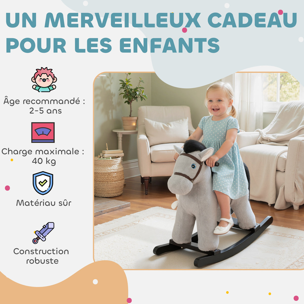 Cheval à bascule pour enfants, jouet à bascule bébé en peluche avec eouetffet sonore et poupée, 71 x 26 x 55 cm, gris