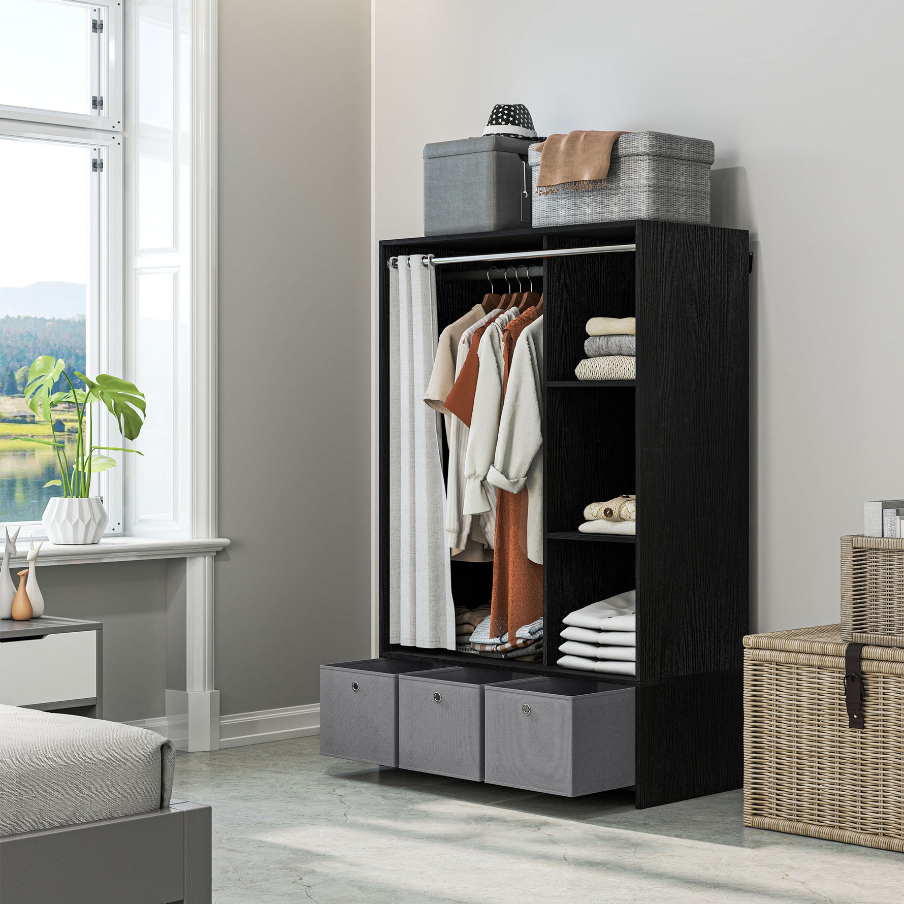 Armoire penderie armoire de rangement avec tringle rideaux 3 niches et 3 tiroirs en tissu amovibles 105 x 48 x 160 cm