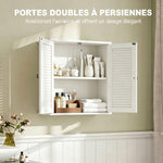 Armoire murale de salle de bain, meuble de rangement suspendu avec 2 portes persiennes et étagère réglable, blanc