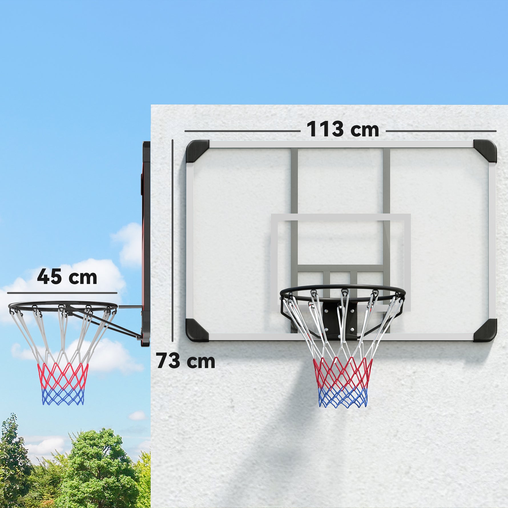 Panier de basketball mural avec panier spécial filet toutes saisons pour l'intérieur et l'extérieur 113x61x73cm blanc