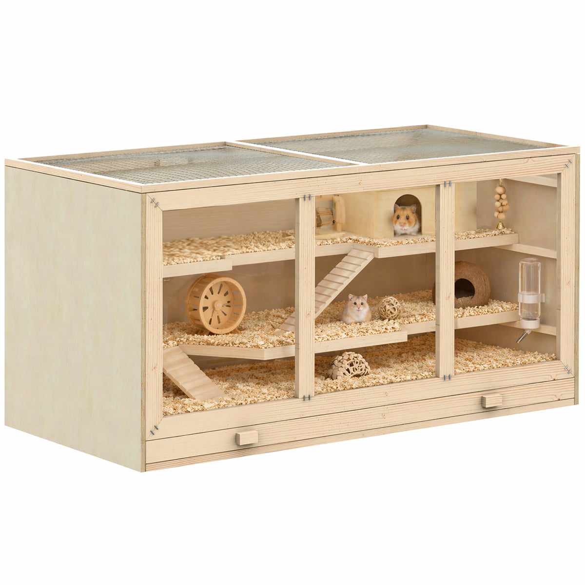 Jaula para hámster y jerbos de 2 niveles con techo abatible, ventanas, caseta y 2 escaleras, 115 x 57 x 55 cm, efecto madera natural