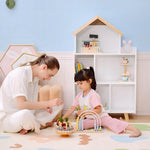 Libreria a forma di casetta per bambini, scaffale portaoggetti per giocattoli e libri, 3 livelli, 65 x 25 x 108,5 cm, bianco e naturale