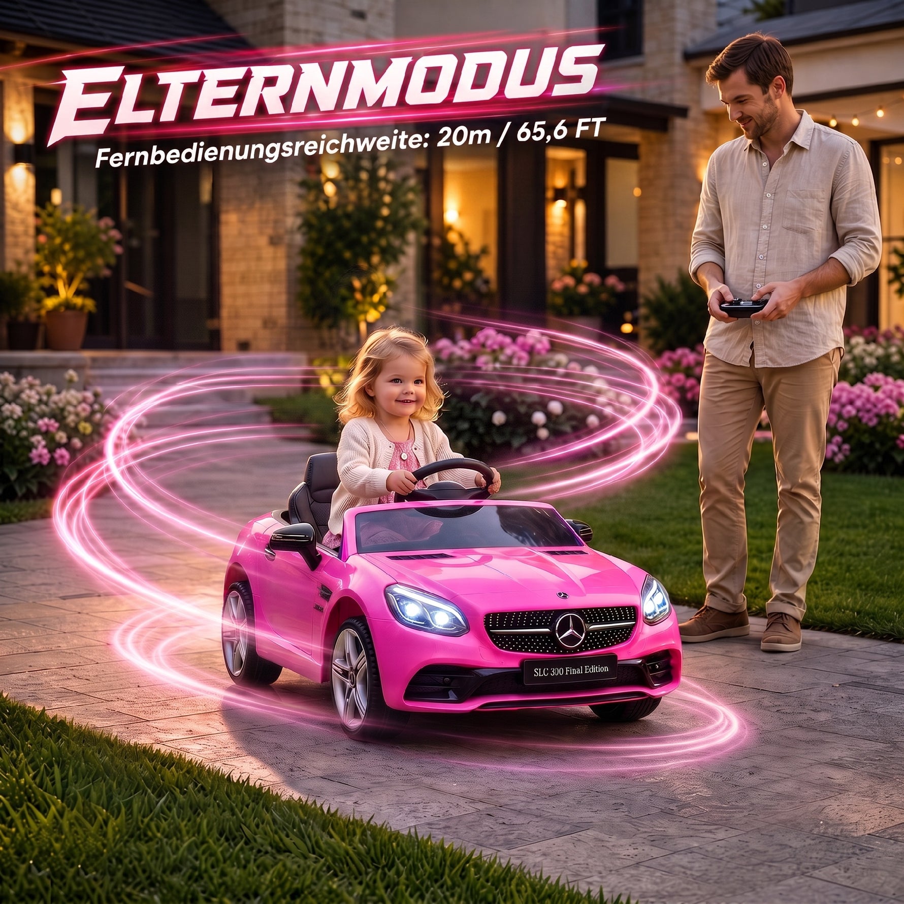 Voiture électrique enfants licence Mercedes SLC 300 12V V. Max. 5 Km/h effets sonores lumineux télécommande rose