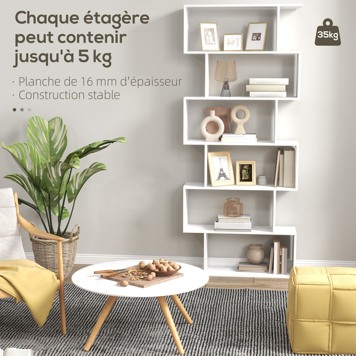 Zickzack-Bücherregal, zeitgenössisches Design, 80B x 23T x 192H cm, 6 Ebenen, Weiß