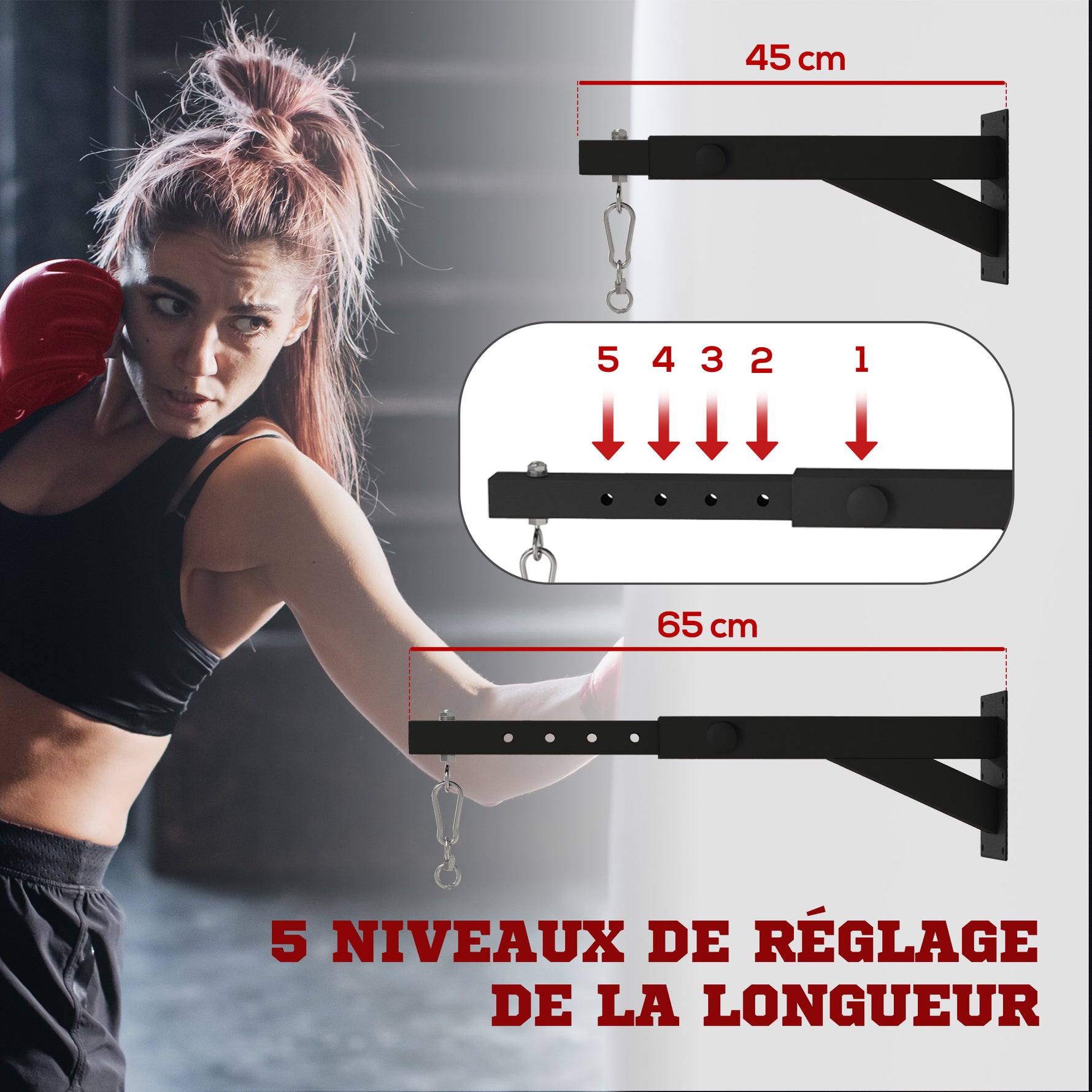 Support mural pour sac de boxe réglable à 5 longueurs, solide jusqu'à 60kg, pour l'entraînement de boxe, de kickboxing