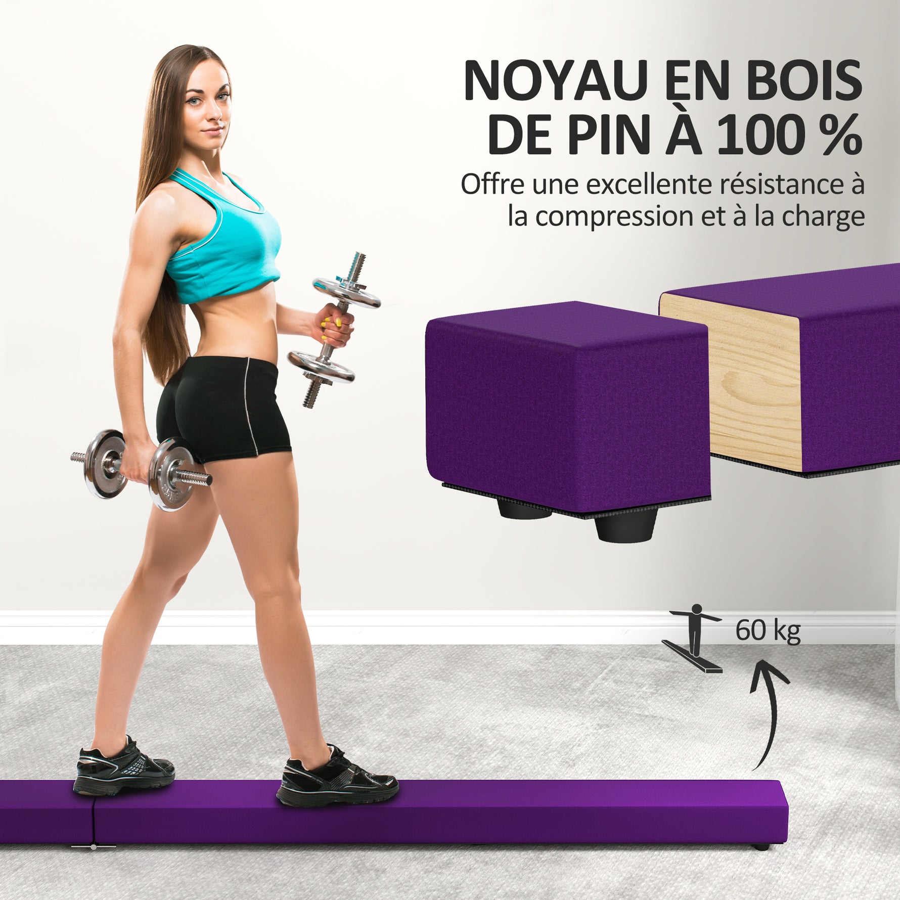 Poutre gymnastique pliable 210 cm en velours, poutre d'équilibre avec fond antidérapant, pour enfants et adultes, violet