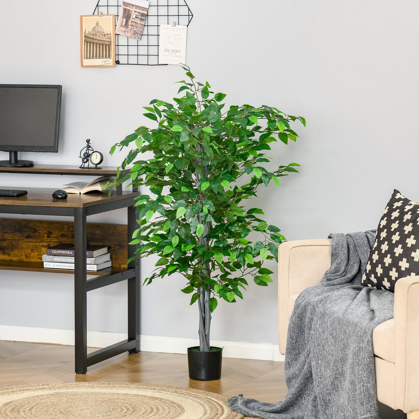 Arbre Artificiel Plante Artificielle ficus H.1,35 m Tronc Branches Liane Lichen Feuilles Grand réalisme Pot Inclus