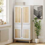 Buffet haut cuisine, armoire de cuisine avec 4 portes, 2 tiroirs et étagères réglables, 80x35x170cm, blanc et chêne