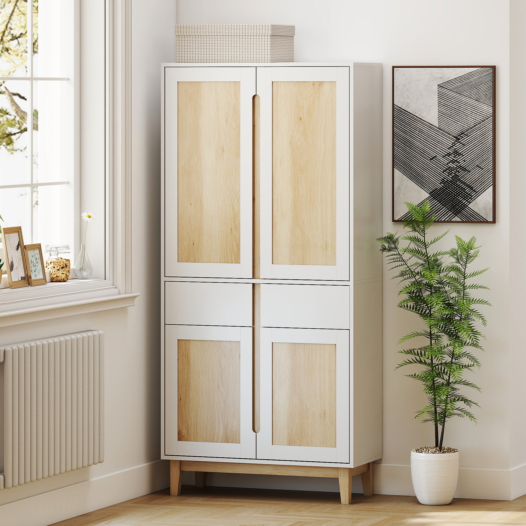 Buffet haut cuisine, armoire de cuisine avec 4 portes, 2 tiroirs et étagères réglables, 80x35x170cm, blanc et chêne
